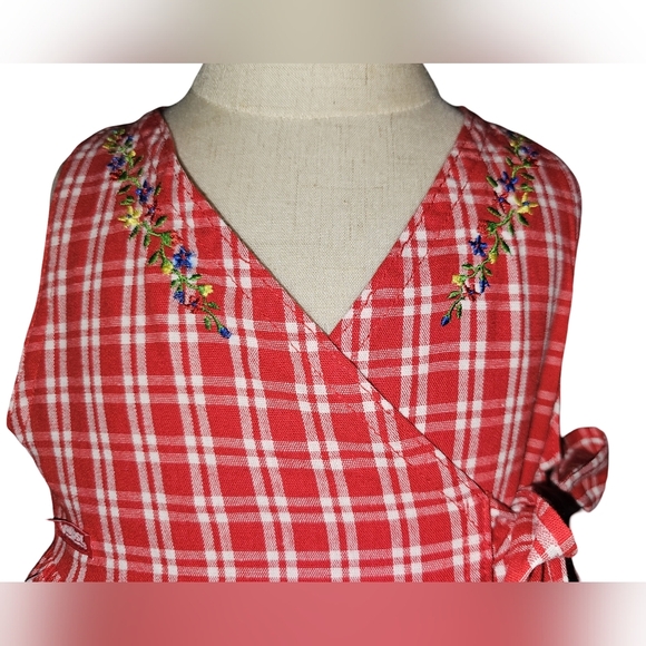 Vintage OshKosh B’gosh Red Gingham Plaid Wrap Dress Embroidered USA Sz 2T - Picture 6 of 16